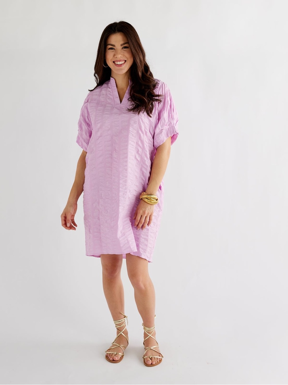 Caryn Lawn Pink Textured Cotton Shift Dress | One Size | Oversized | Pockets
